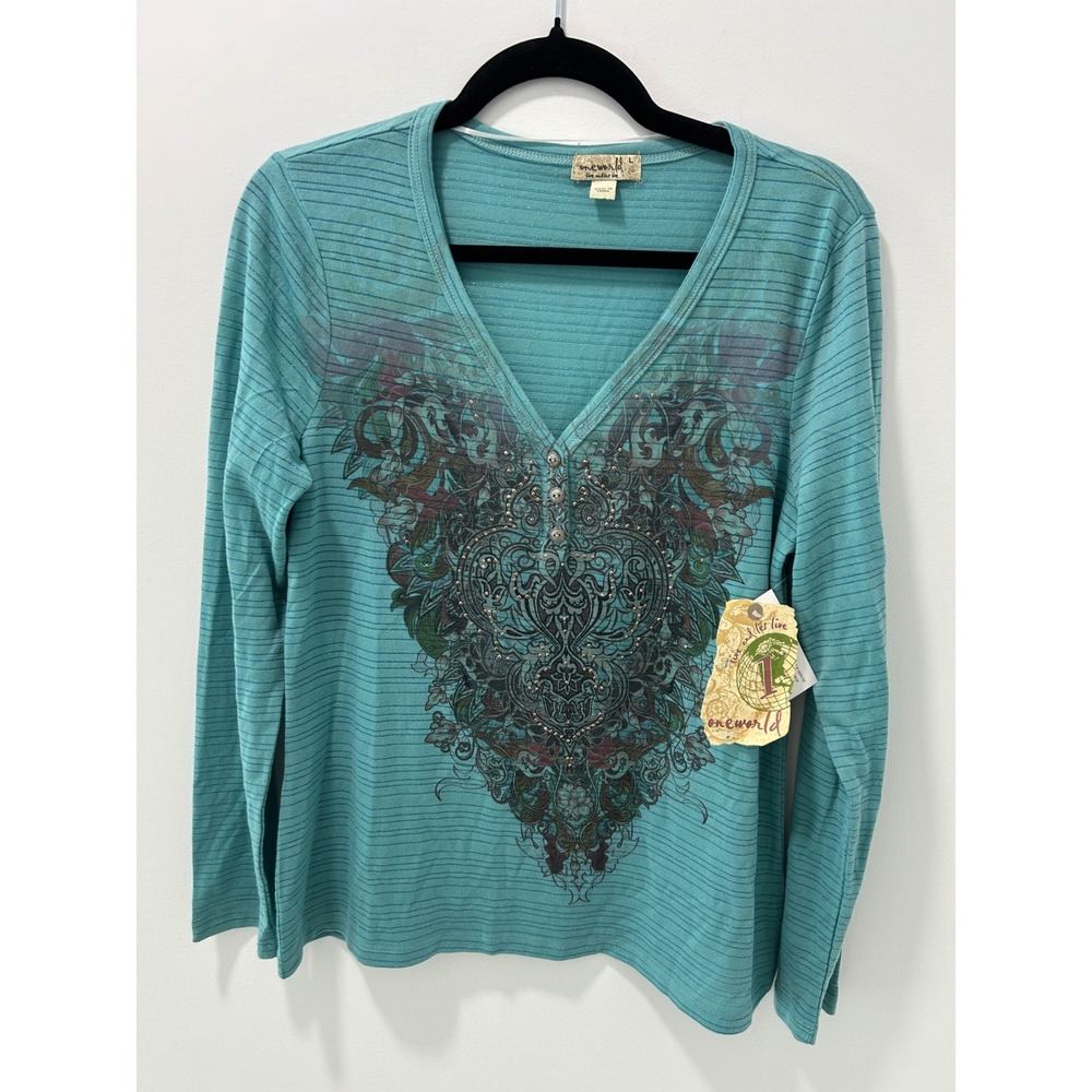 One World NWT Womens Teal Blue Striped Sparkle Graphic Henley Top Large
